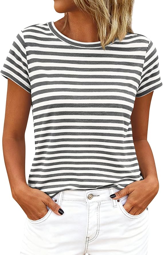 BTFBM Tops for Women Trendy Summer 2026 Crew Neck Short Sleeve T Shirts Striped Casual Vacation Blouse Loose Basic Tee