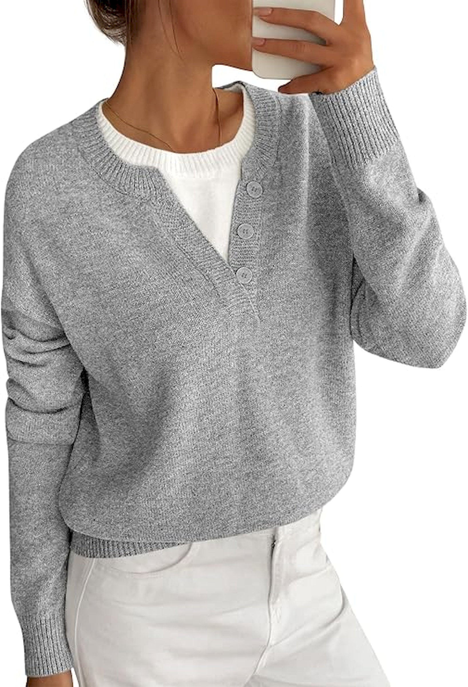 BTFBM Women Long Sleeve Crew Neck Sweaters  Tops, 2 in1 Knitted Pullover, Deco Buttons, Oversized, Stretchy, Vacation, Business Casual Outfits, Fall Winter Trendy 2026