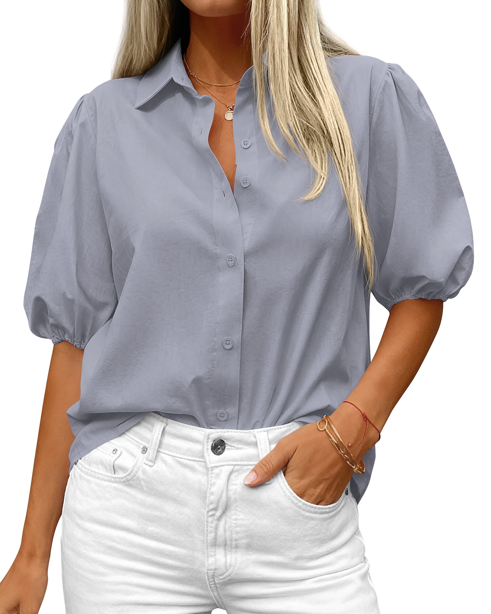 BTFBM Women's Button Down Shirts Short Puff Sleeve Collared V Neck 2026 Summer Tops Dressy Casual Work Business Blouses