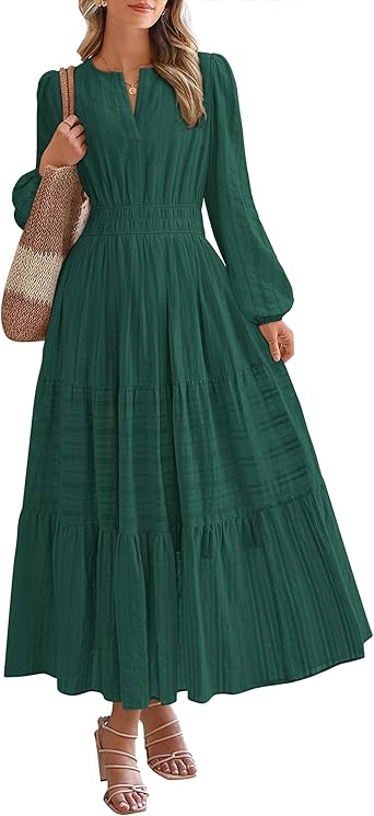 BTFBM Fall Dresses for Women 2025 Casual Long Sleeve V Neck Elastic Waist Lightweight Maxi Wedding Guest Dress Pockets