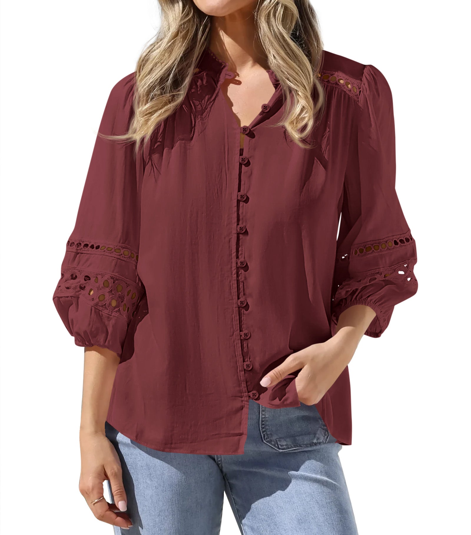 BTFBM 3/4 Length Sleeve Womens Tops Summer Blouses Eyelet Hollow Out Button Down Shirts Business Casual Outfits 2026