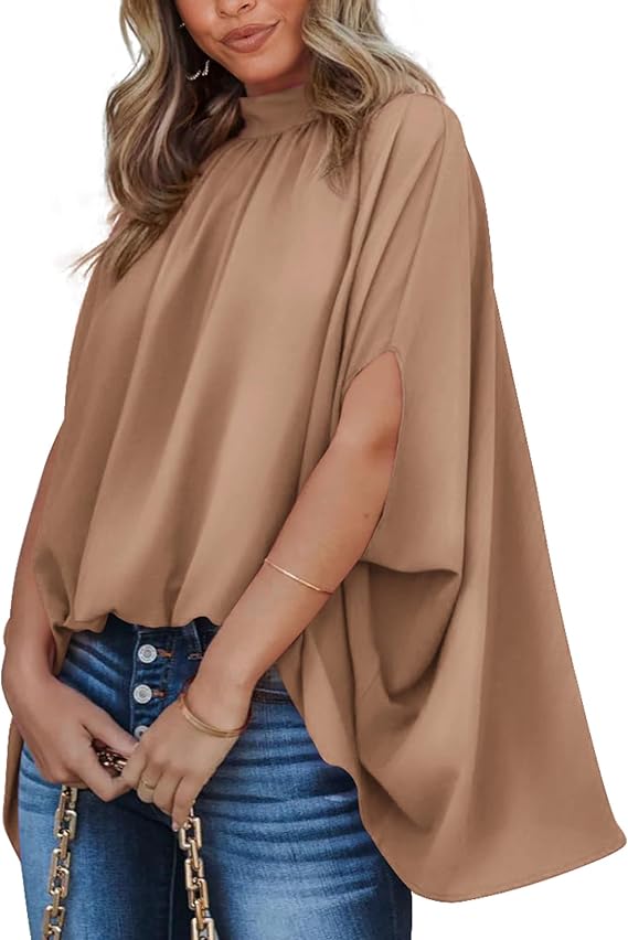 BTFBM Womens Summer Tops 2026 Mock Neck Batwing Sleeve Silk Satin Shirts Loose Oversized Dressy Casual Spring Blouses