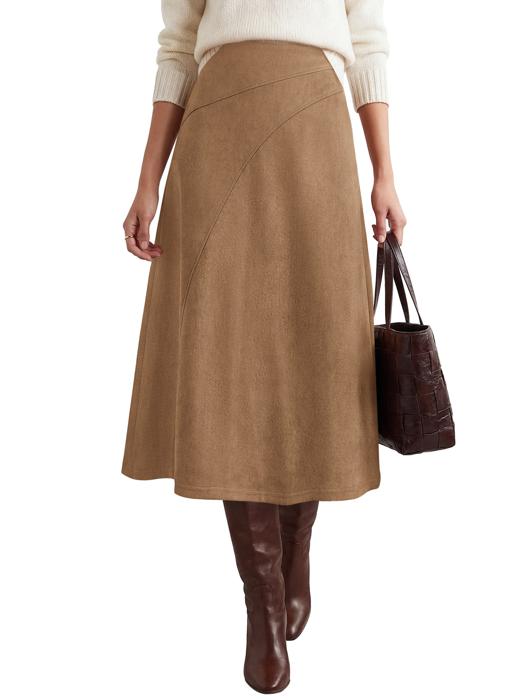 BTFBM Women Faux Suede Midi Long Skirt Fall Fashion 2026 | High Waisted Skirts For Women Trendy, Lightweight, Back Elastic, Arc Line Design, A-Line, Winter Dress, Boho Western Outfits