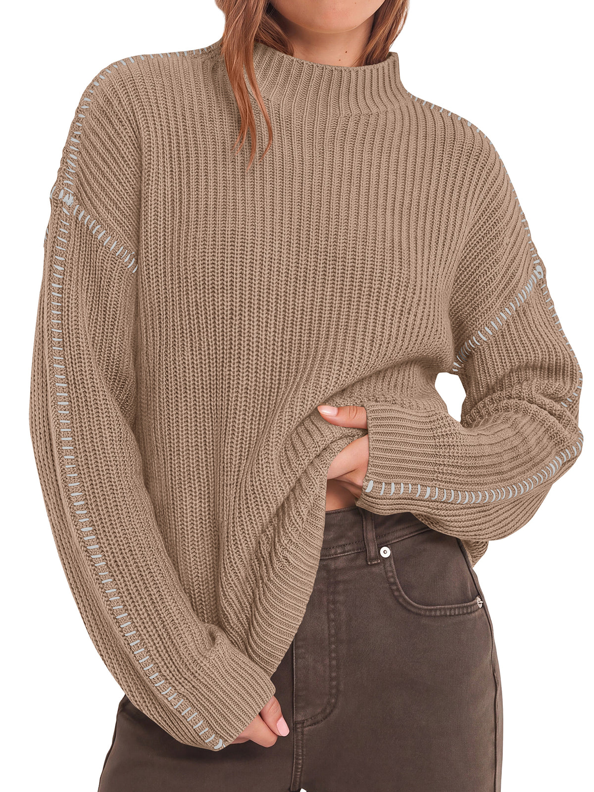 BTFBM Womens Oversized Sweaters Contrast Chunky Knit Sweater  Loose Fit Mock Neck Long Sleeve Tops, Soft Cozy Knitwear, Fall Fashion 2026, Casual Winter Clothing, Daily Going Out Outfits