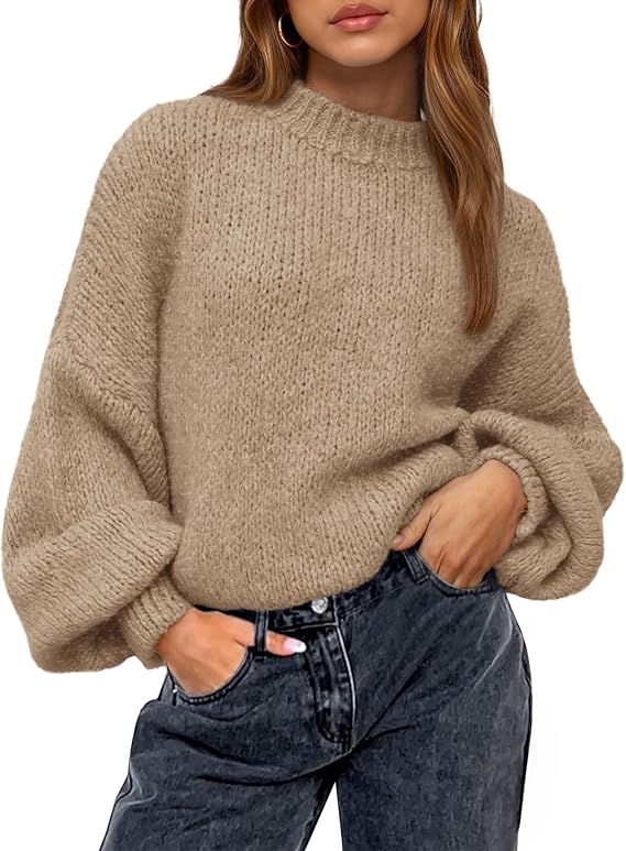 BTFBM Sweaters For Women Crew Neck Lantern Sleeve Oversized Sweater  Knit Tops, Loose Fit Pullover, Early Spring Fall Winter Womens Clothing Trendy 2026, Daily Wear, Casual Outfits