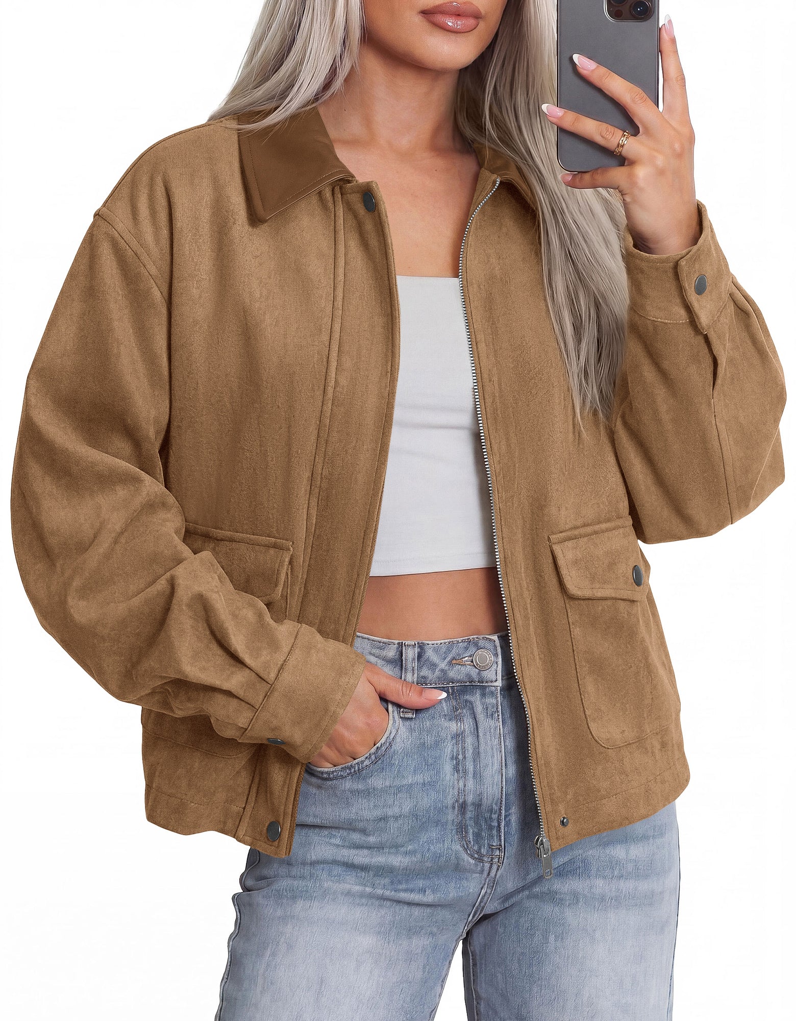 BTFBM Faux Suede Jacket Women Leather Lapel Zip Up Fall Outfits 2026