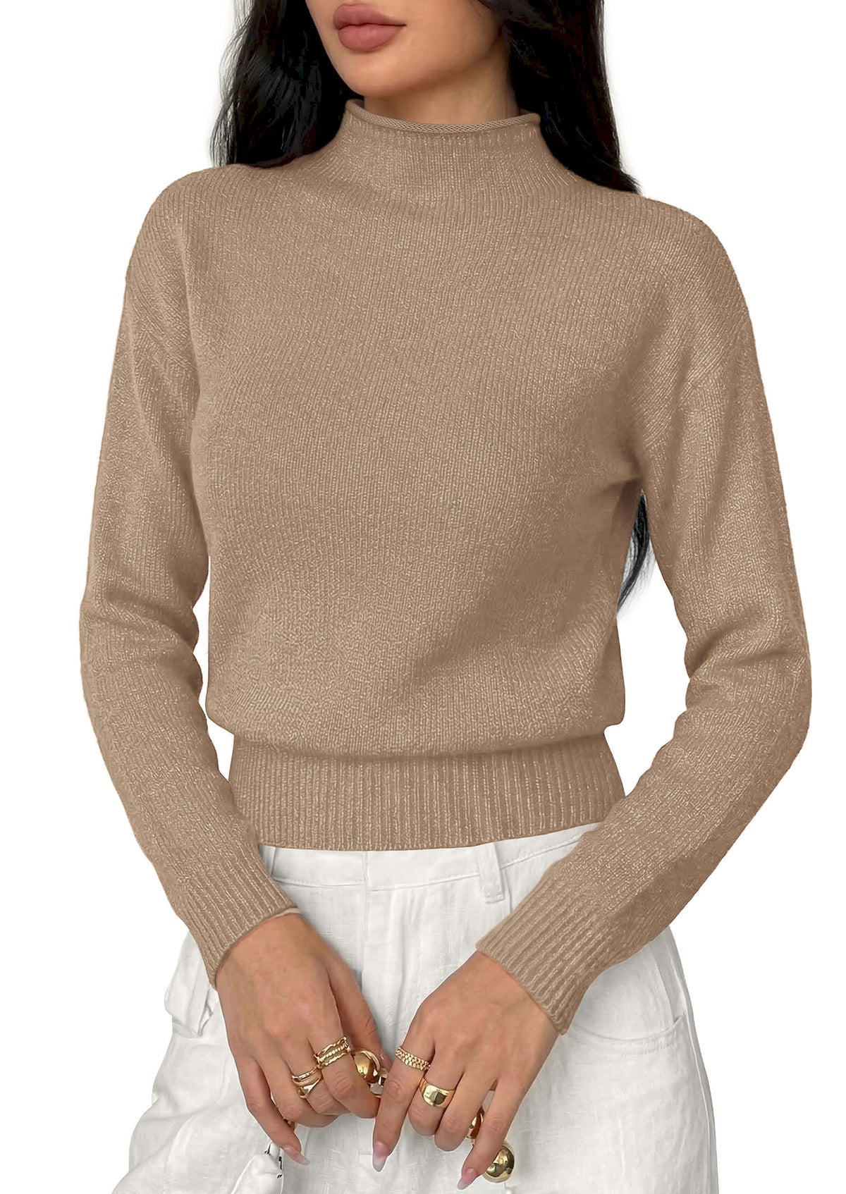 BTFBM Women’s Long Sleeve Sweaters Mock Neck Business Casual Lightweight Sweater Tops 2026 Fall Fashion Clothing