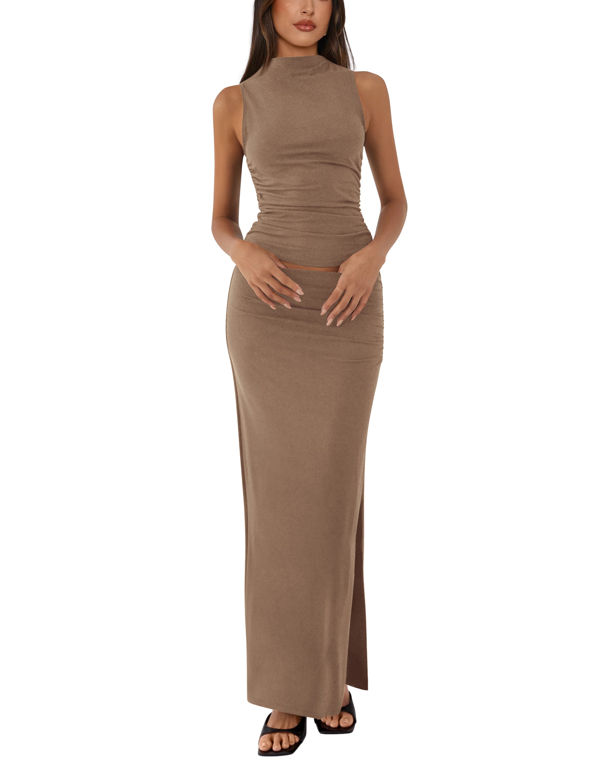 BTFBM Womens Two Piece Outfits Summer Lightweight 2026 Mock Neck Sleeveless Knit Tops Maxi Skirt Set Going Out Dress