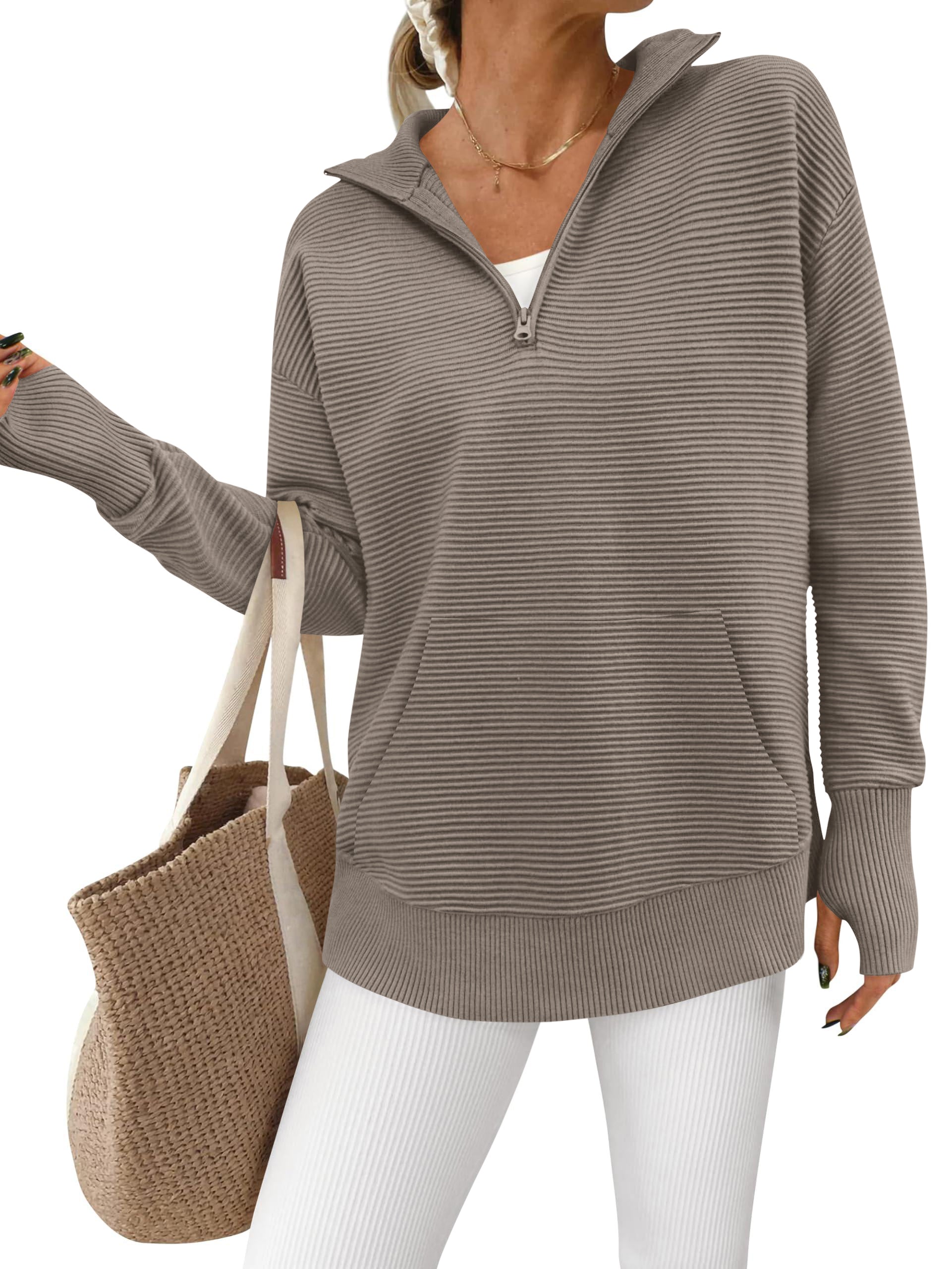 BTFBM Sweaters for Women Fall Clothes 2026 Pocket Quarter Zip Pullover V Neck Long Sleeve Knit Trendy Winter Sweater