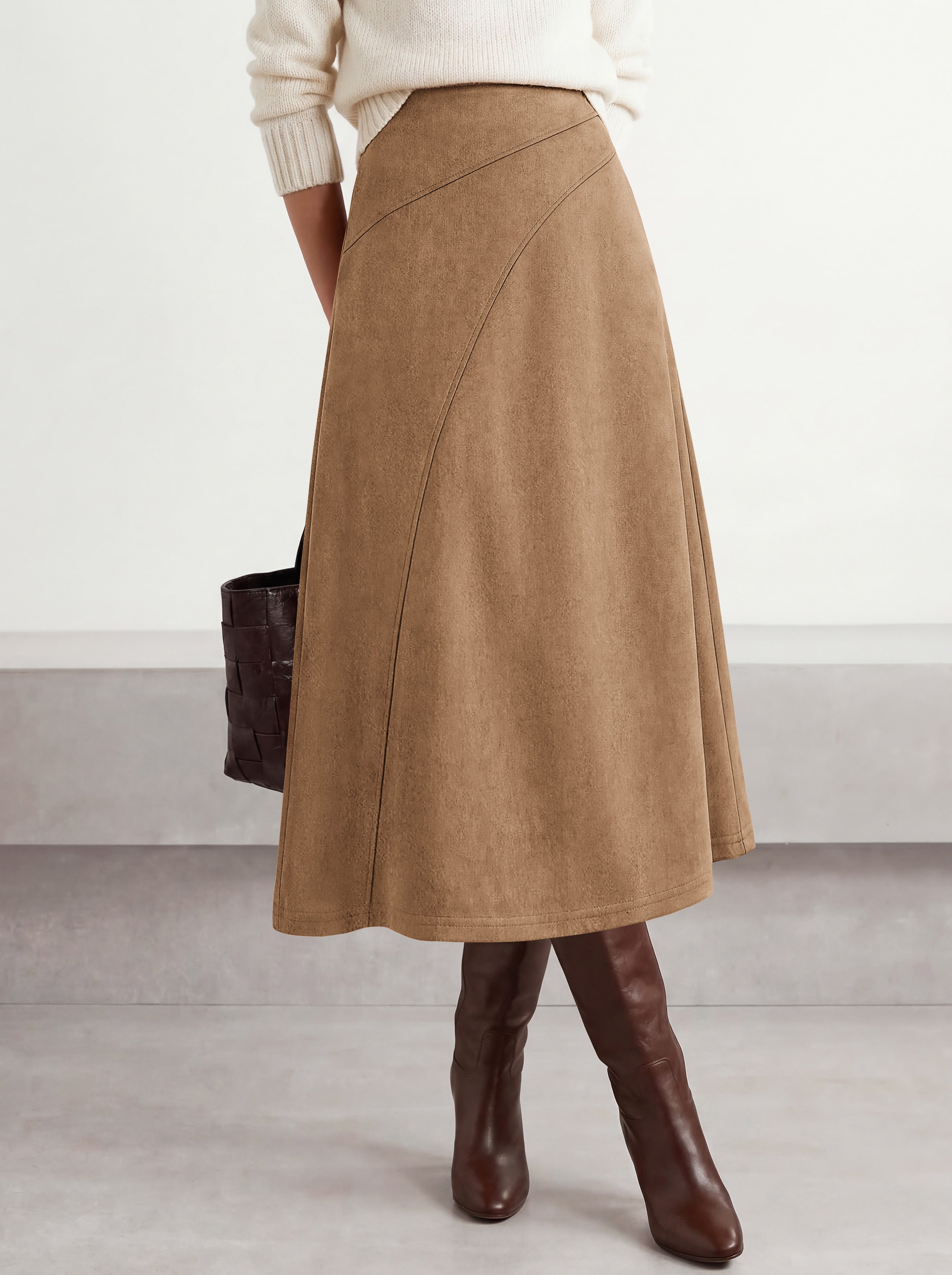 BTFBM Women Faux Suede Midi Long Skirt Fall Fashion 2026 | High Waisted Skirts For Women Trendy, Lightweight, Back Elastic, Arc Line Design, A-Line, Winter Dress, Boho Western Outfits