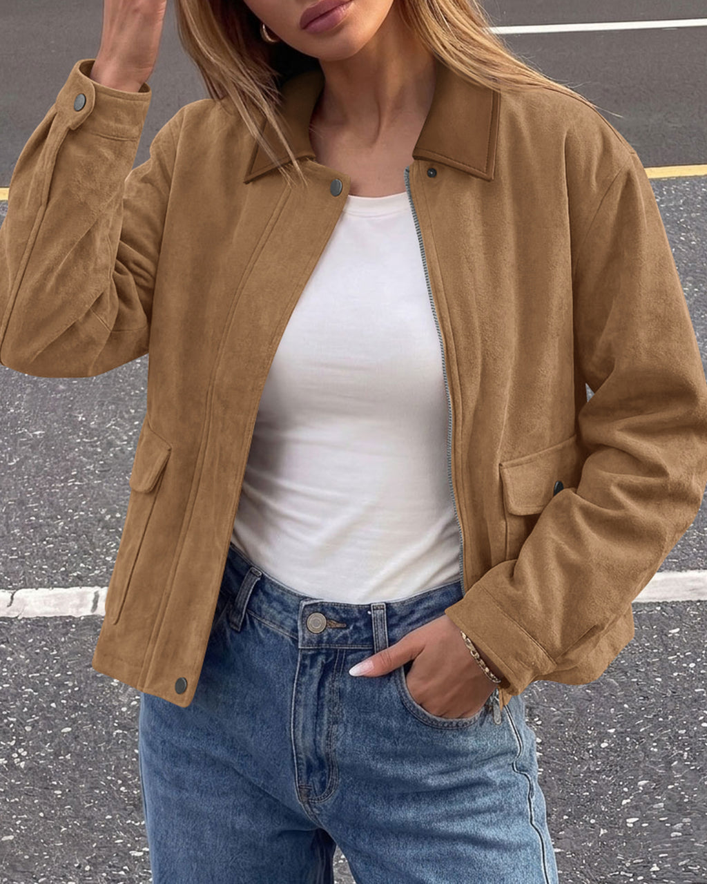 BTFBM Faux Suede Jacket Women Leather Lapel Zip Up Fall Outfits 2026