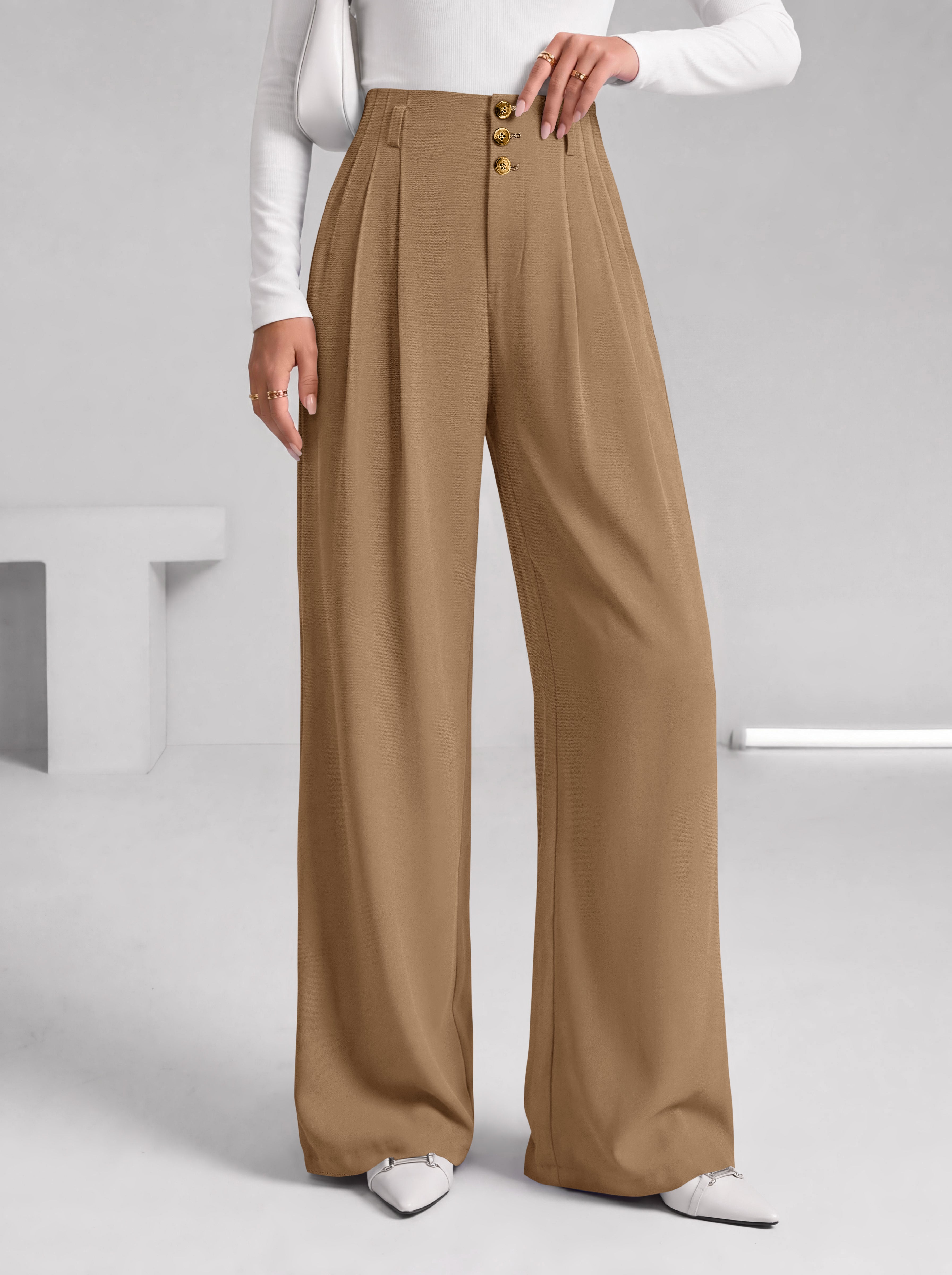 BTFBM Wide Leg Dress Pants Women Business Casual Outfits | Elastic High Waisted Palazzo Pants, Button Zip Up Closure, Pleated Office Work Trousers With Pockets, Fall Fashion 2026