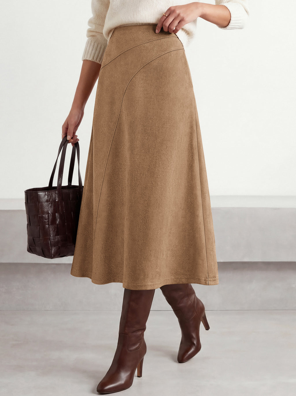 BTFBM Women Faux Suede Midi Long Skirt Fall Fashion 2026 | High Waisted Skirts For Women Trendy, Lightweight, Back Elastic, Arc Line Design, A-Line, Winter Dress, Boho Western Outfits