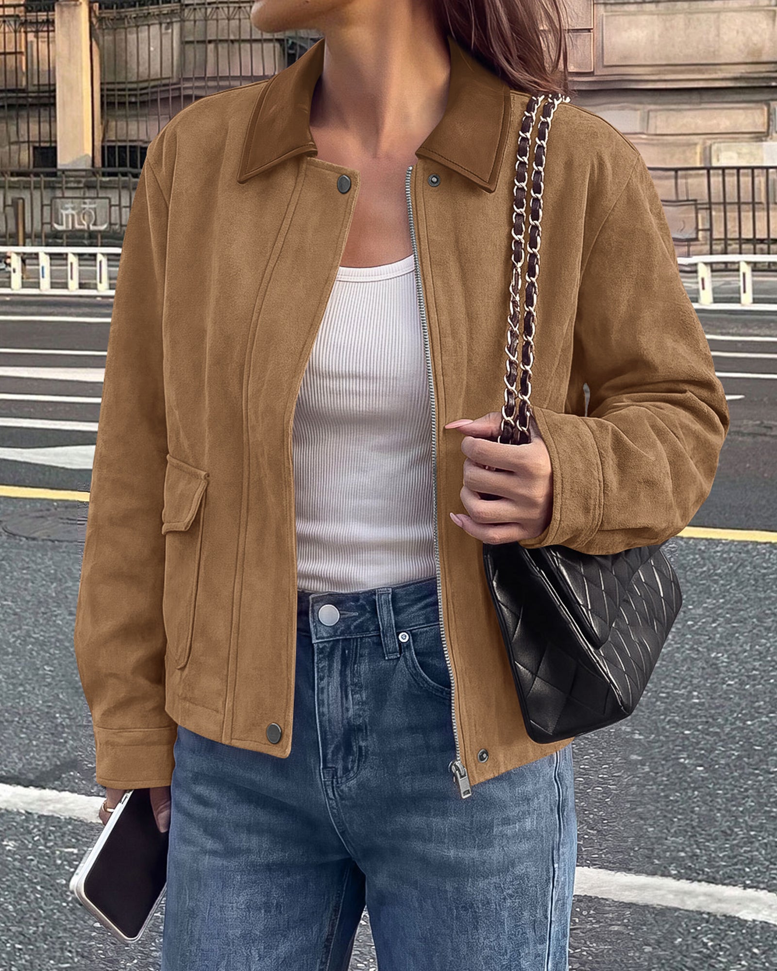BTFBM Faux Suede Jacket Women Leather Lapel Zip Up Fall Outfits 2026