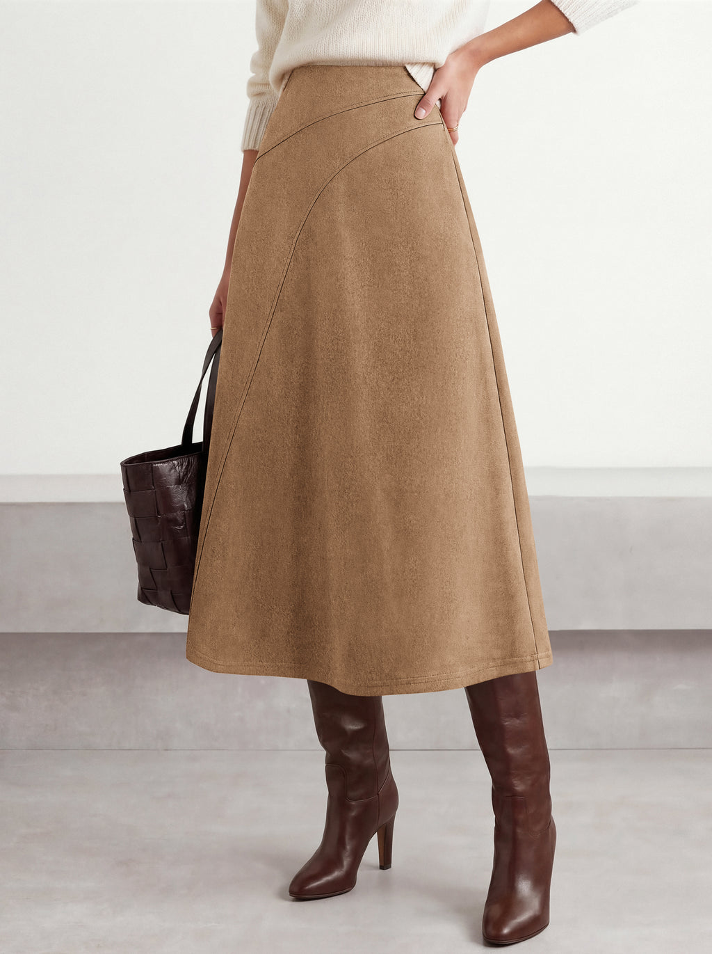 BTFBM Women Faux Suede Midi Long Skirt Fall Fashion 2026 | High Waisted Skirts For Women Trendy, Lightweight, Back Elastic, Arc Line Design, A-Line, Winter Dress, Boho Western Outfits