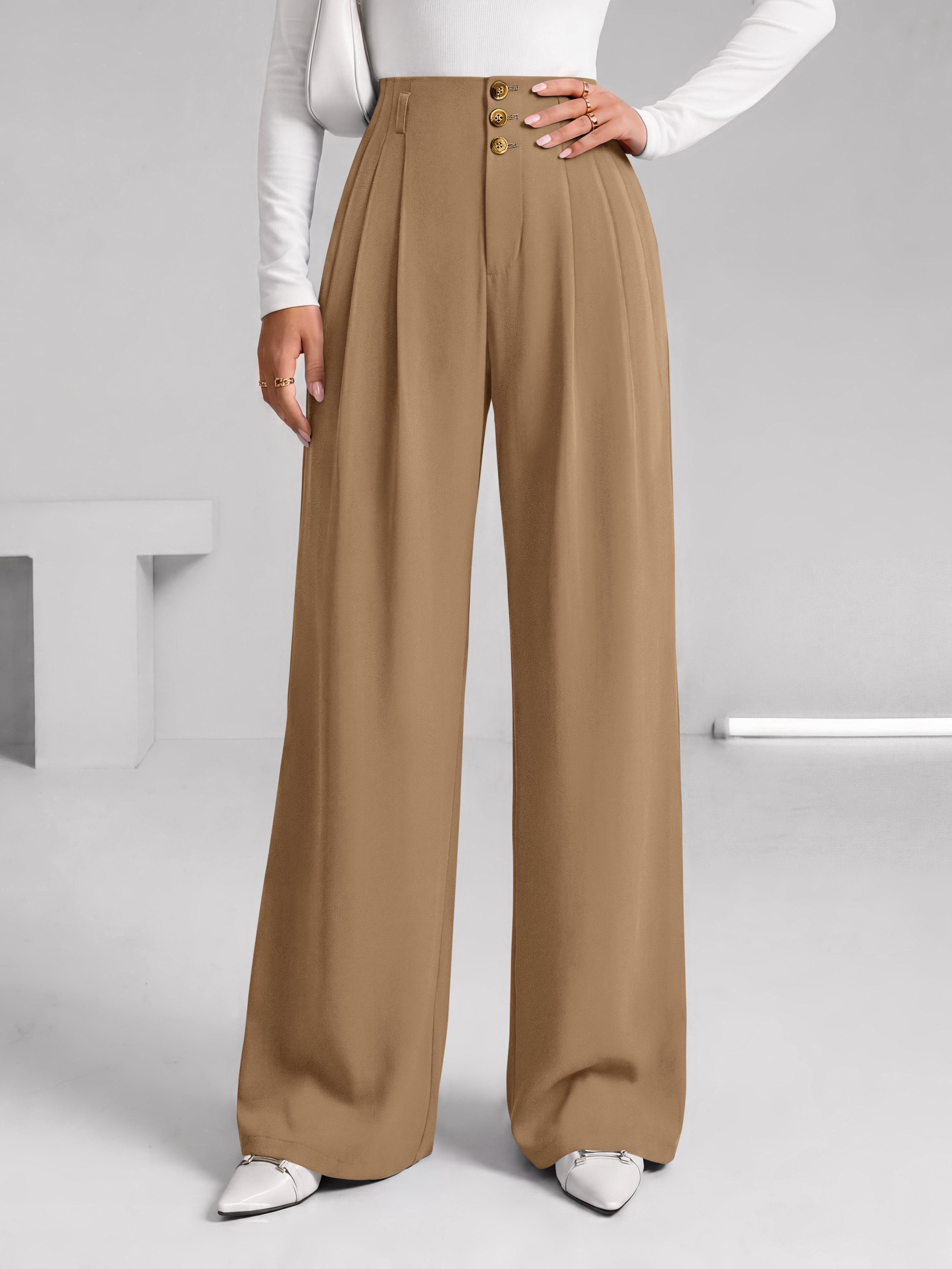 BTFBM Wide Leg Dress Pants Women Business Casual Outfits | Elastic High Waisted Palazzo Pants, Button Zip Up Closure, Pleated Office Work Trousers With Pockets, Fall Fashion 2026