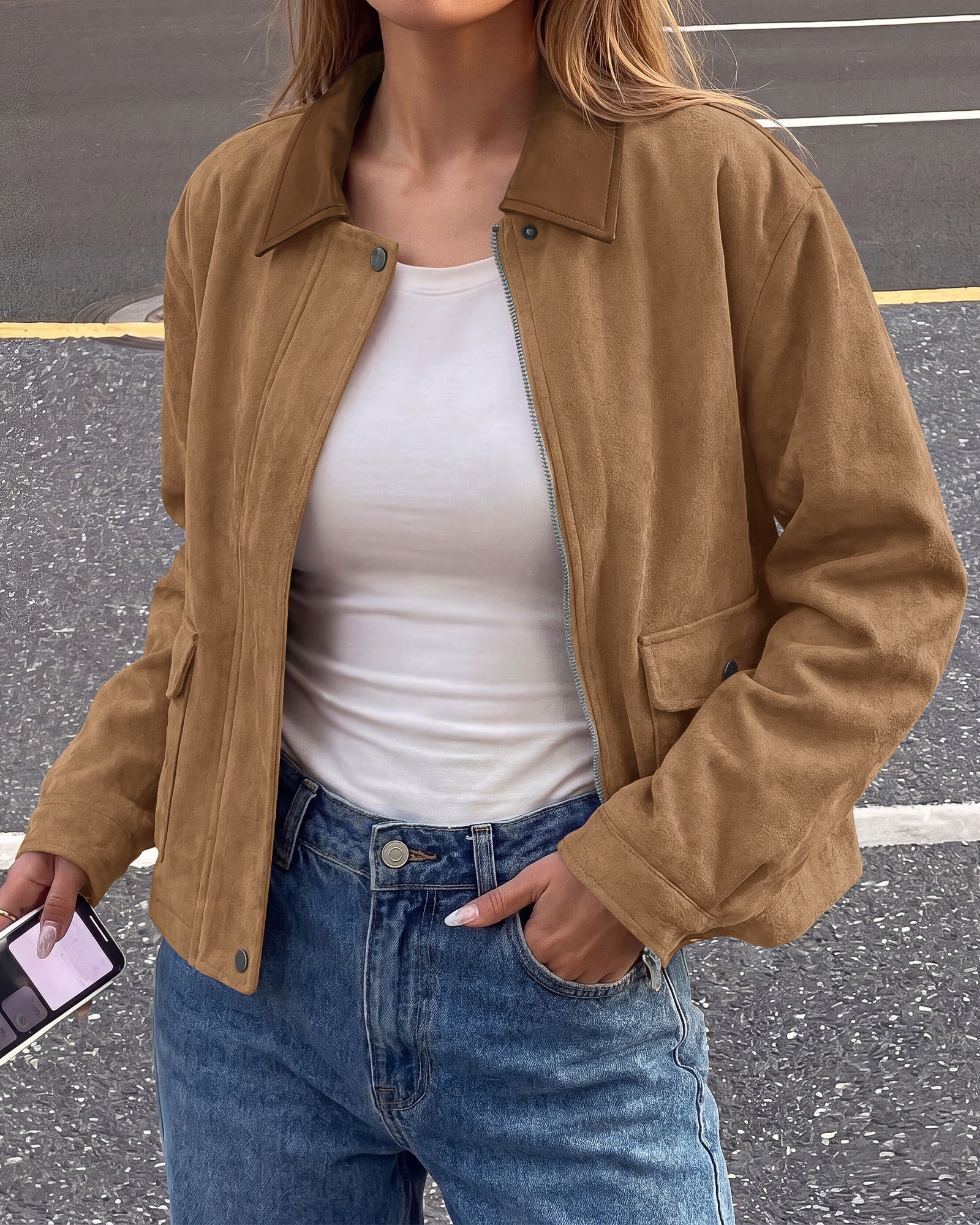 BTFBM Faux Suede Jacket Women Leather Lapel Zip Up Fall Outfits 2026