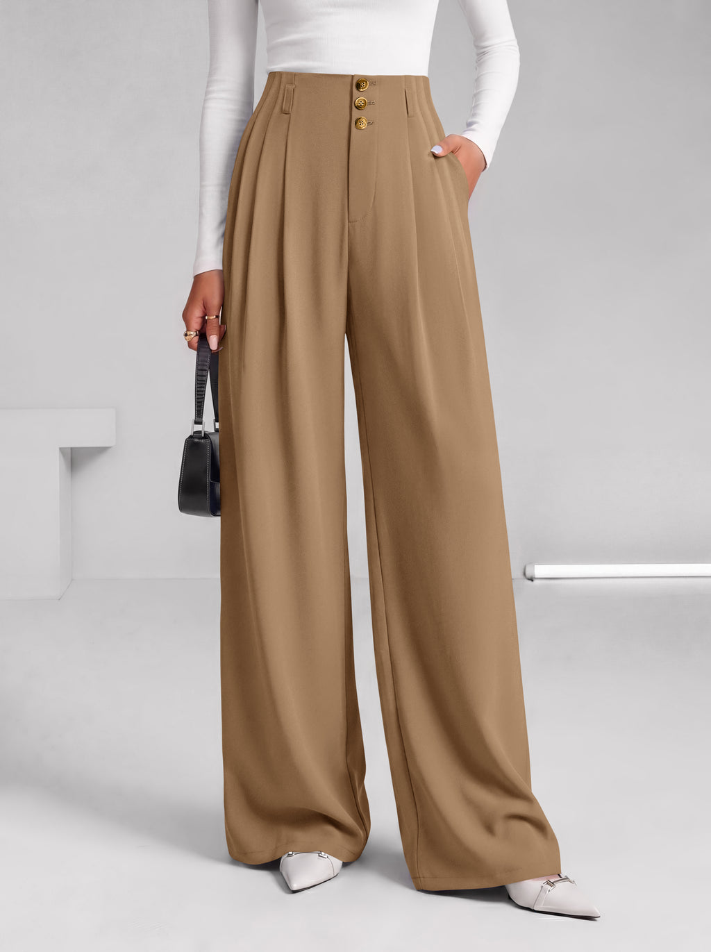 BTFBM Wide Leg Dress Pants Women Business Casual Outfits | Elastic High Waisted Palazzo Pants, Button Zip Up Closure, Pleated Office Work Trousers With Pockets, Fall Fashion 2026