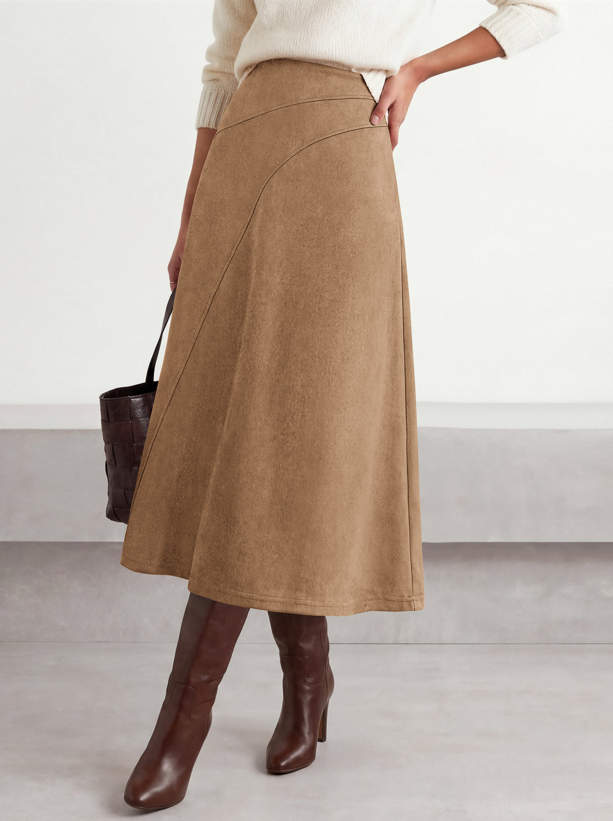 BTFBM Women Faux Suede Midi Long Skirt Fall Fashion 2026 | High Waisted Skirts For Women Trendy, Lightweight, Back Elastic, Arc Line Design, A-Line, Winter Dress, Boho Western Outfits