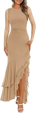 BTFBM Women's Maxi Dresses Spring 2026 Long Sleeve Ruched Bodycon Solid Ruffle Mermaid Cocktail Wedding Guest Dress
