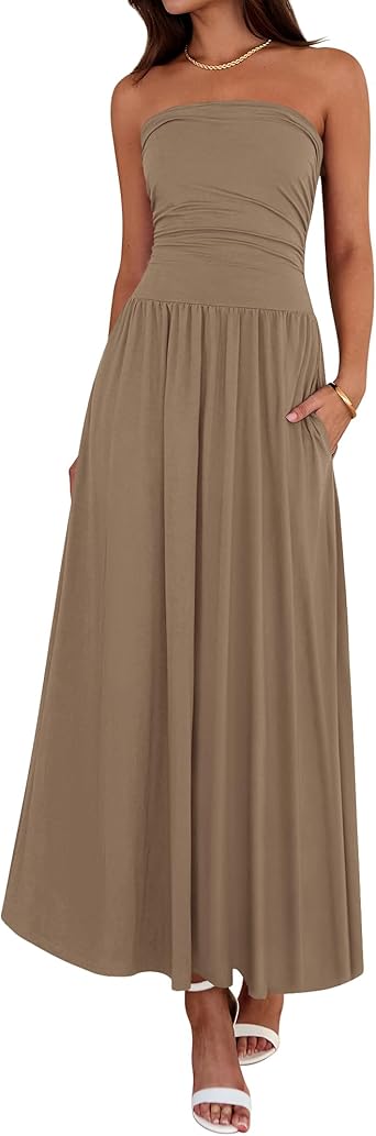BTFBM Summer Maxi Dresses for Women 2026 Strapless Ruched Tube Top Beach Vacation Spring Wedding Guest Dress Pockets