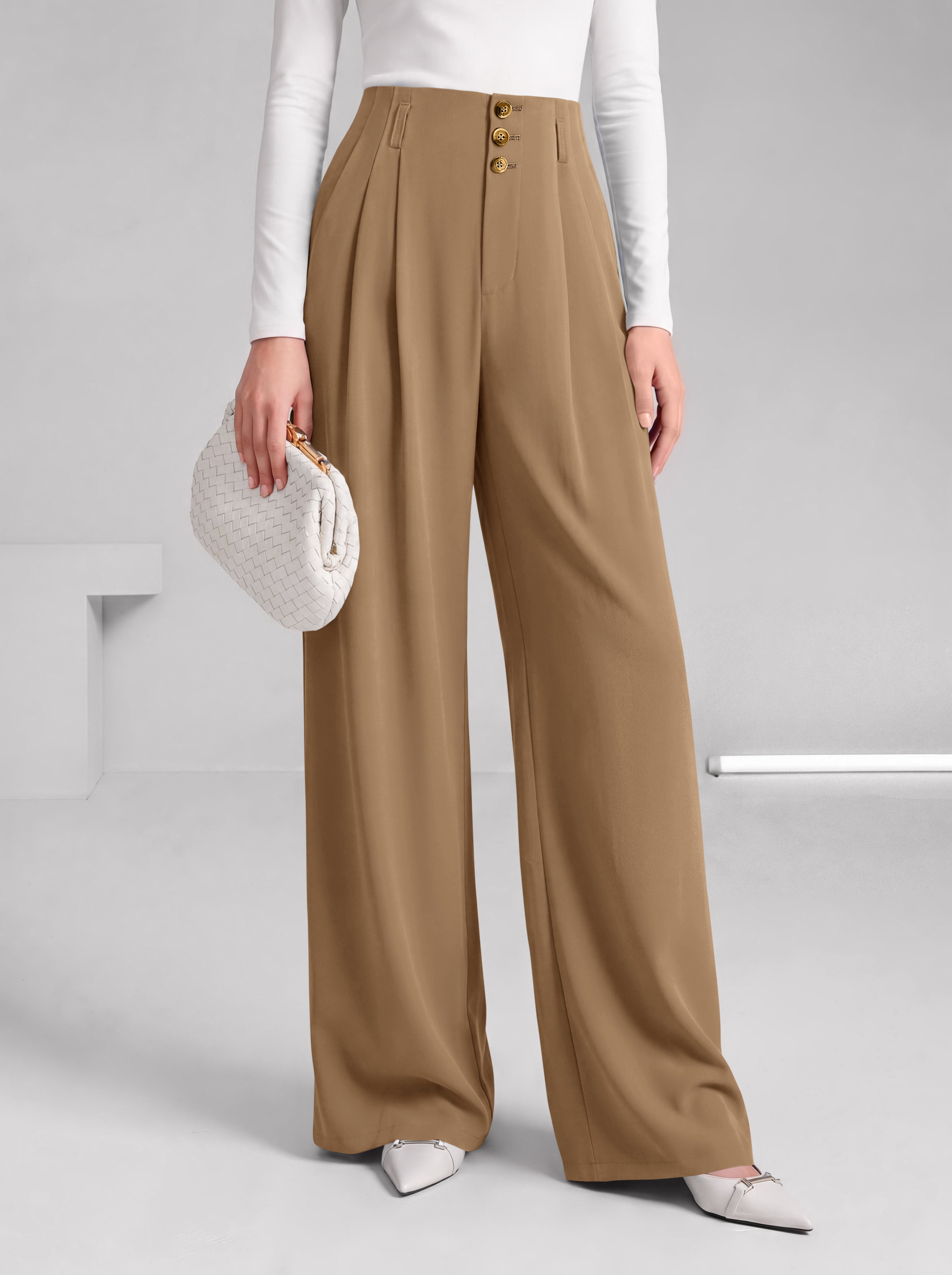 BTFBM Wide Leg Dress Pants Women Business Casual Outfits | Elastic High Waisted Palazzo Pants, Button Zip Up Closure, Pleated Office Work Trousers With Pockets, Fall Fashion 2026