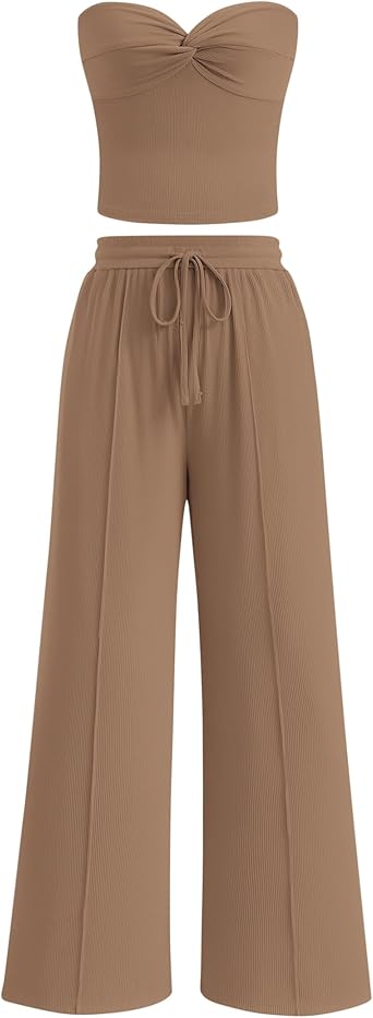 BTFBM Two Piece Sets For Women Summer Ribbed Strapless Twist Knot Tube Top Pants Set Casual 2026 Beach Vacation Outfits