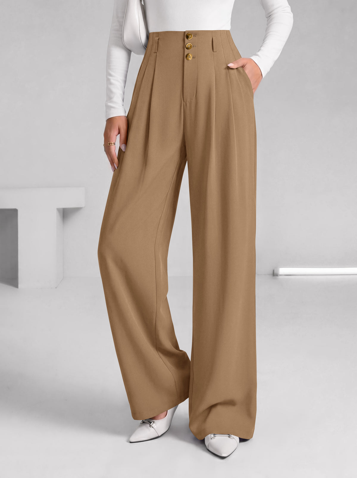 BTFBM Wide Leg Dress Pants Women Business Casual Outfits | Elastic High Waisted Palazzo Pants, Button Zip Up Closure, Pleated Office Work Trousers With Pockets, Fall Fashion 2026