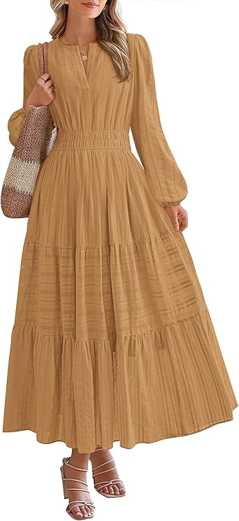 BTFBM Fall Dresses for Women 2025 Casual Long Sleeve V Neck Elastic Waist Lightweight Maxi Wedding Guest Dress Pockets