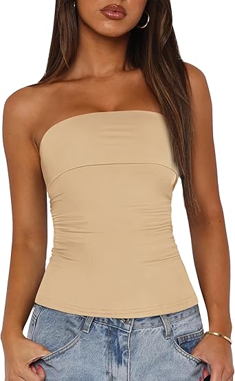 BTFBM Womens Strapless Tube Tops Spring Summer Clothes 2026 Trendy Casual Ruched Stretchy Going Out Bodycon Bandeau Top