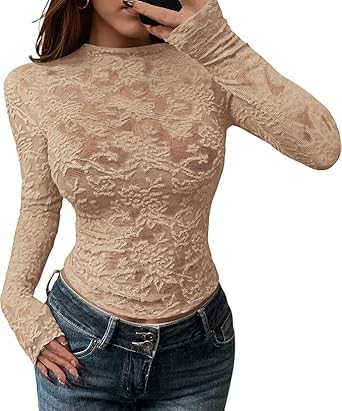 BTFBM Mesh Long Sleeve Tops for Women Lace Sexy Sheer Tight See Through Crew Neck Spring Fall 2026 Party Club Outfits