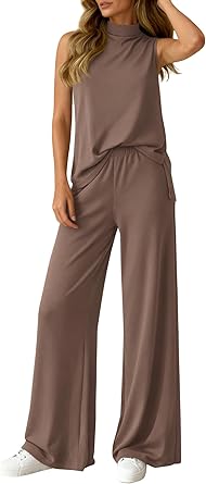 BTFBM Summer 2 Piece Lounge Sets For Women Sleeveless Mock Neck Top Wide Leg Pants Airport Travel Beach Vacation Outfits