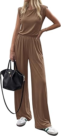 BTFBM 2 Piece Sets for Women Spring 2026 Casual Shoulder Pad Tank Top Wide Leg Pants Matching Set Travel Airport Outfits