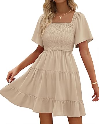 BTFBM Womens Summer Smocked Mini Dress Spring Square Neck Flutter Sleeve Casual Ruffle Swing Boho Beach Dresses Pockets