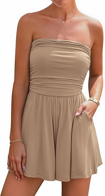 BTFBM Womens Romper 2026 Spring Summer Strapless Tube Tops Beach Vacation Clothes Boho Loose Shorts Jumpsuits Pockets