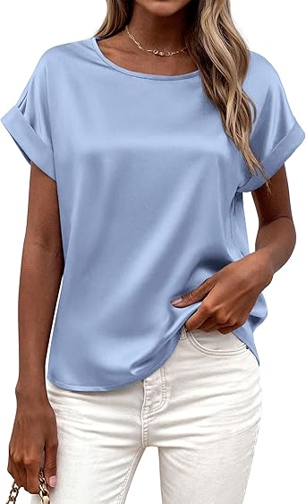 BTFBM Womens Summer Tops 2026 Satin Silk Crewneck Short Sleeve Shirts Work Business Outfits Spring Blouses Dressy Casual