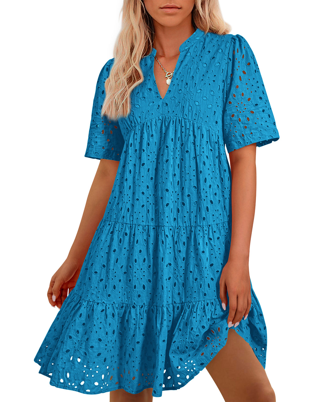 BTFBM Womens Boho Summer Dresses 2026 Spring V Neck Short Sleeve Hollow Out Lace Ruffle Casual Beach Mini Vacation Dress