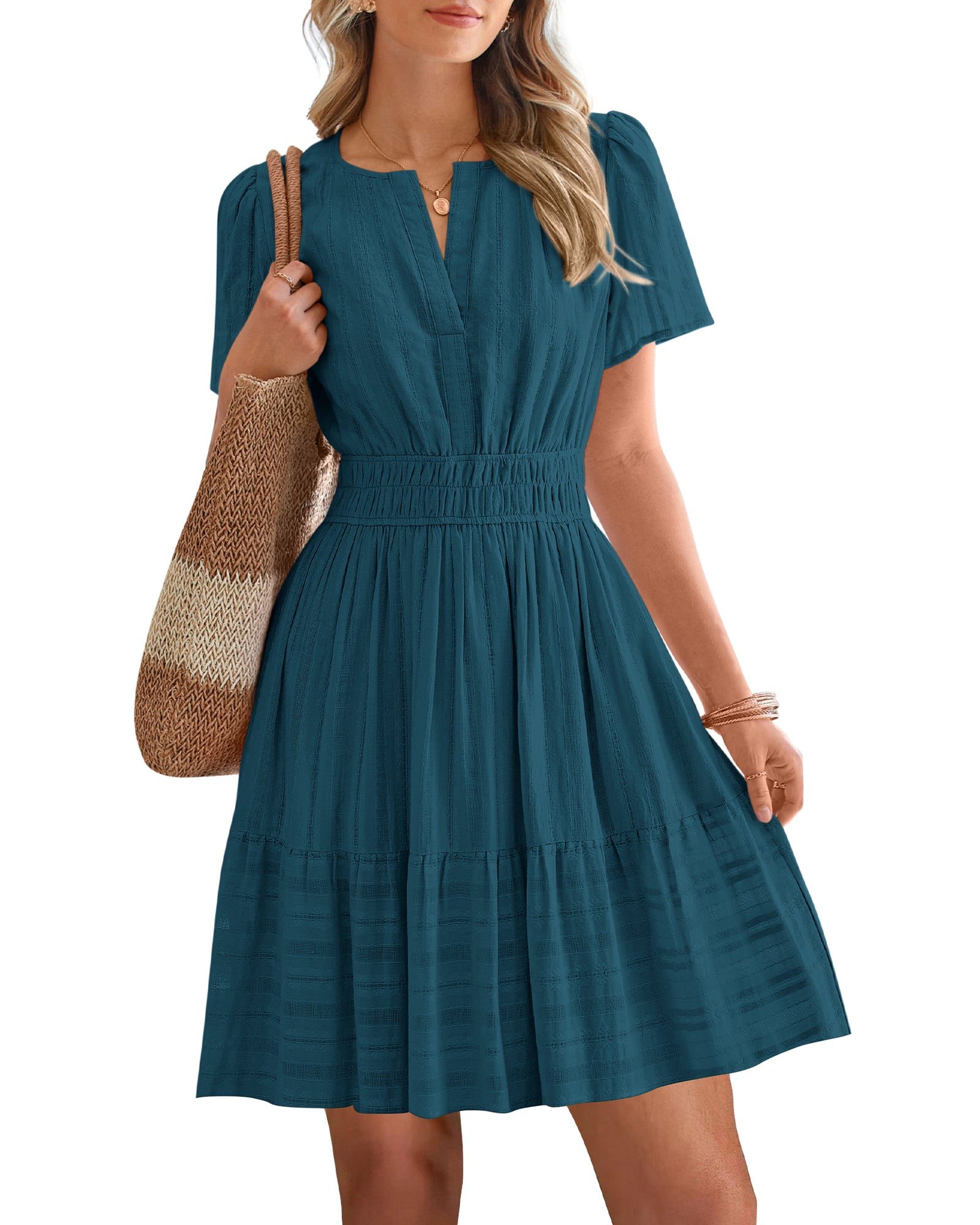 BTFBM Womens Spring 2026 Casual Mini Dresses Lightweight Short Sleeve V Neck Elastic Waist Cute Boho Beach Dress Pockets