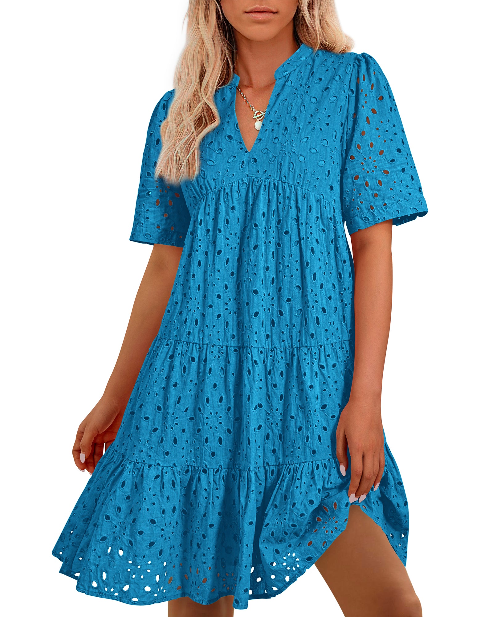 BTFBM Womens Boho Summer Dresses 2026 Spring V Neck Short Sleeve Hollow Out Lace Ruffle Casual Beach Mini Vacation Dress