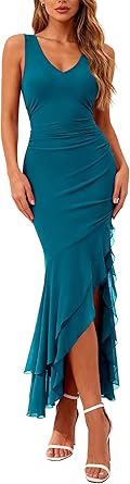 BTFBM Summer Dresses for Women 2026 Bodycon Ruched Sleeveless V Neck Solid Maxi Cocktail Wedding Guest Dress