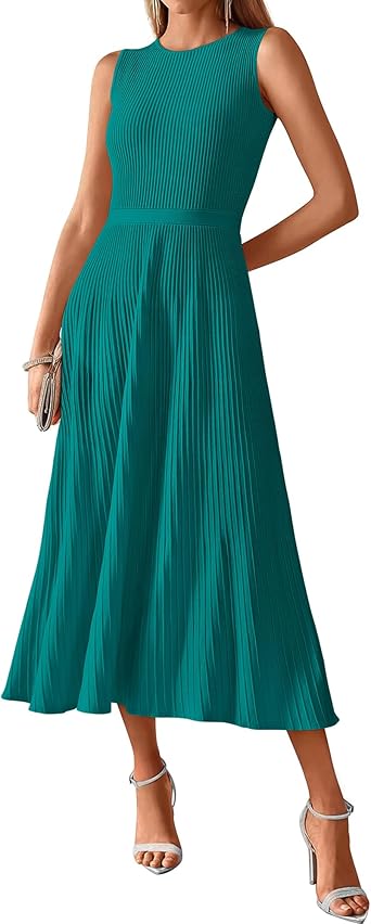 BTFBM Women Tank Midi Dress Summer Crewneck Sleeveless Pleated A Line Business Casual Formal Sweater Spring Dresses 2026