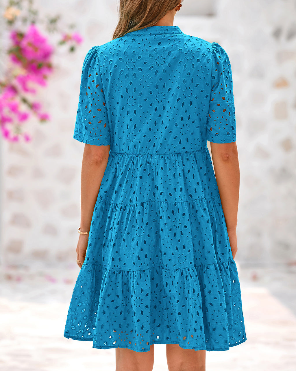 BTFBM Womens Boho Summer Dresses 2026 Spring V Neck Short Sleeve Hollow Out Lace Ruffle Casual Beach Mini Vacation Dress