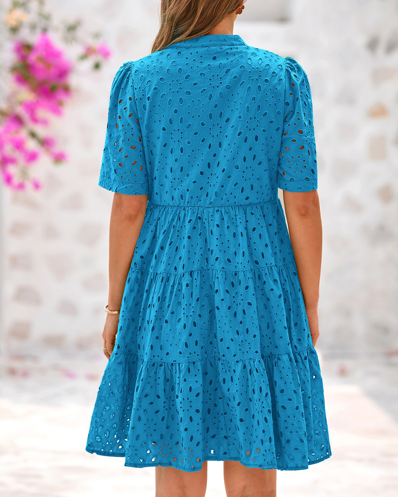 BTFBM Womens Boho Summer Dresses 2026 Spring V Neck Short Sleeve Hollow Out Lace Ruffle Casual Beach Mini Vacation Dress
