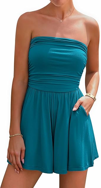 BTFBM Womens Romper 2026 Spring Summer Strapless Tube Tops Beach Vacation Clothes Boho Loose Shorts Jumpsuits Pockets