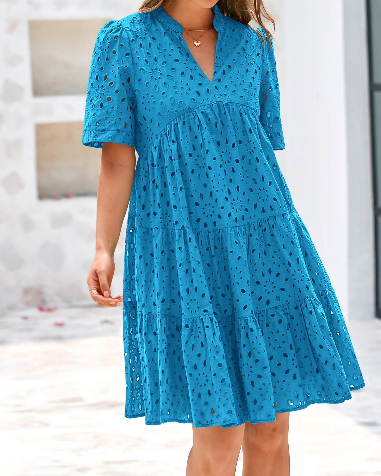 BTFBM Womens Boho Summer Dresses 2026 Spring V Neck Short Sleeve Hollow Out Lace Ruffle Casual Beach Mini Vacation Dress