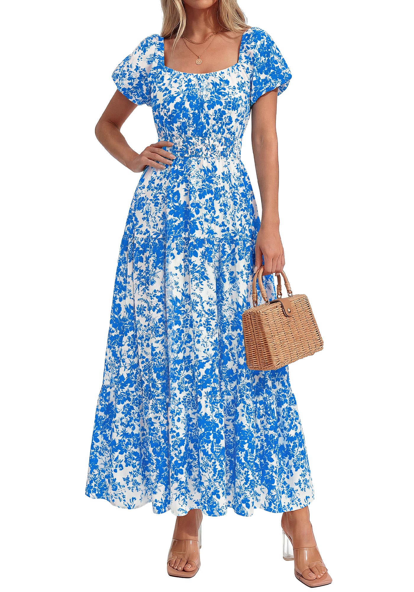 BTFBM Summer Dress For Women 2026 Spring Floral Short Sleeve Casual Flowy A-Line Smocked Tiered Maxi Dresses Pockets