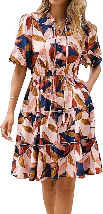 BTFBM Women Summer Floral Short Dresses V Neck Short Sleeve Tiered Ruffle Boho Swing Dress A-Line Mini Dresses