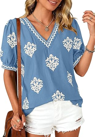 BTFBM Casual Summer Shirts for Women Beach Fashion Going Out Tops Vacation Short Sleeve Floral Boho Blouses Tunics