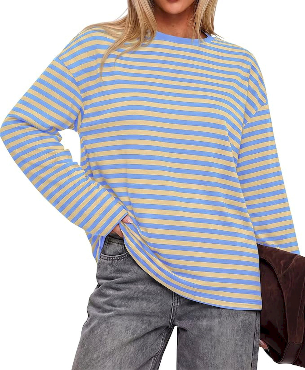 BTFBM Womens Long Sleeve Tops 2026 Fall Fashion | Lightweight, Crew Neck, Oversized Striped Shirt Women, Y2k Clothes, Vacation Travel Outfits, Going Out Top, Winter Layering