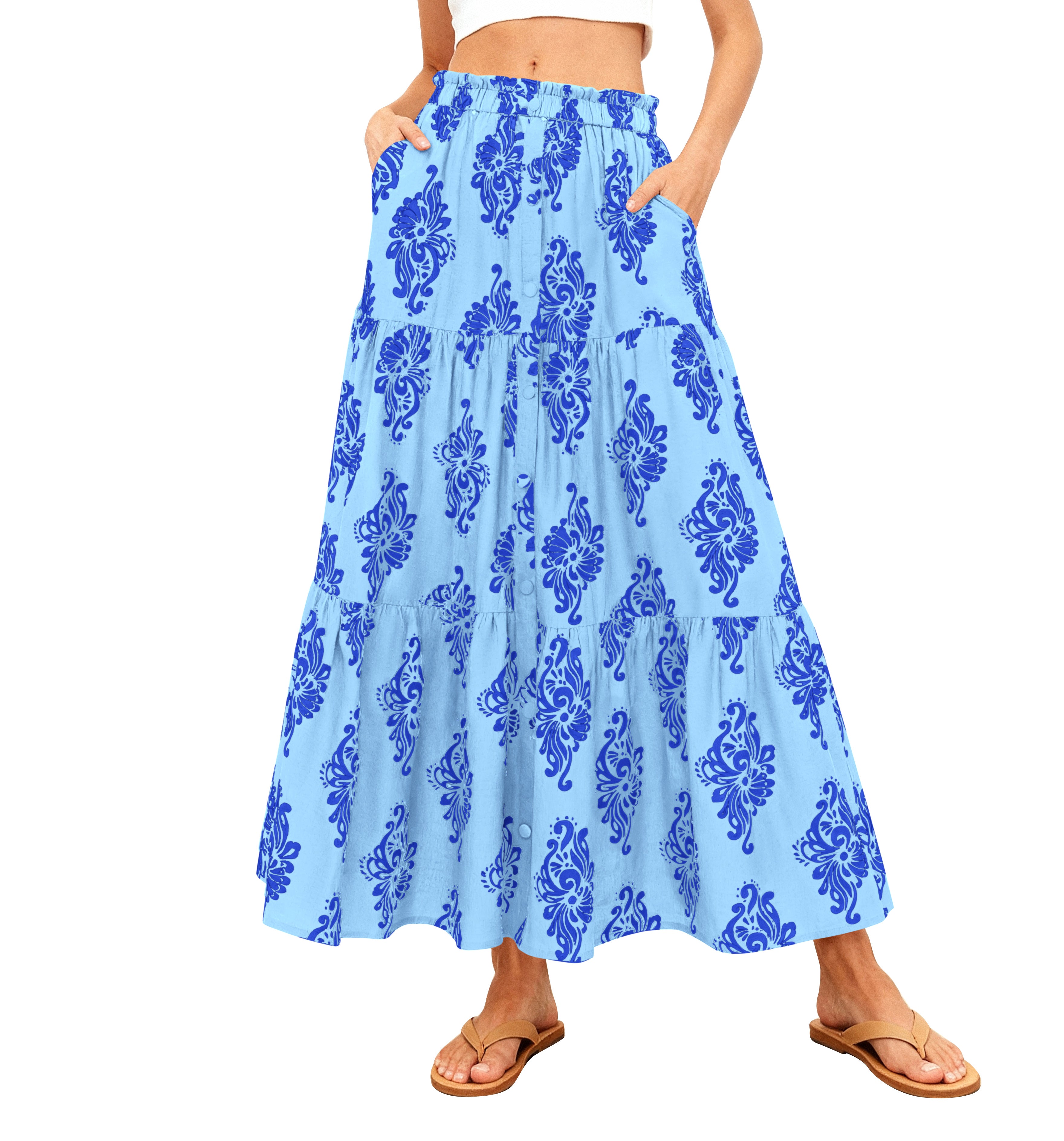 BTFBM Long Skirts for Women Summer 2026 Elastic High Waist Flowy A Line Casual Boho Tiered Floral Maxi Skirt Pockets